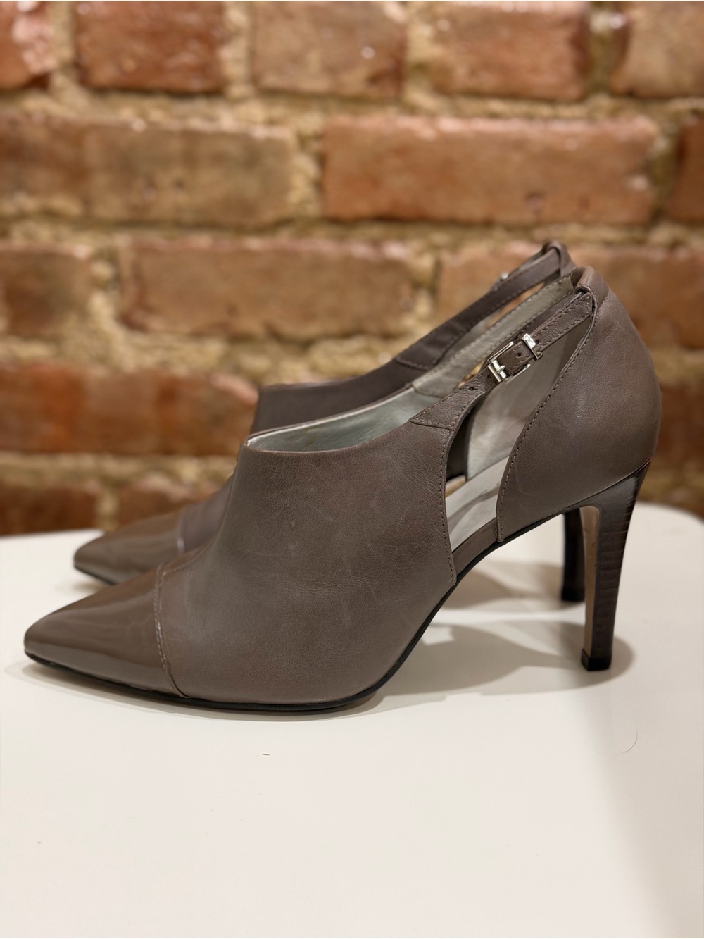 Reiss Taupe Pointed-Toe Stiletto Booties with Side Buckle